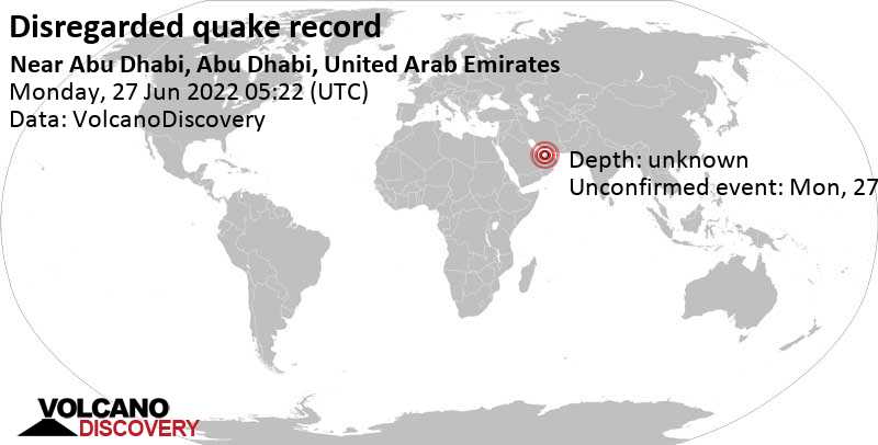 Reported seismic-like event (likely no quake): 2.8 km north of Abu Dhabi, United Arab Emirates, Monday, Jun 27, 2022 at 9:22 am (GMT +4)