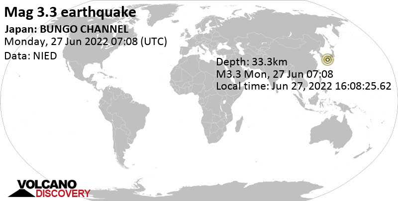 Schwaches Erdbeben Stärke 3.3 - Philippine Sea, 28 km östlich von Saiki, Oita, Japan, am Montag, 27. Jun 2022 um 16:08 Lokalzeit