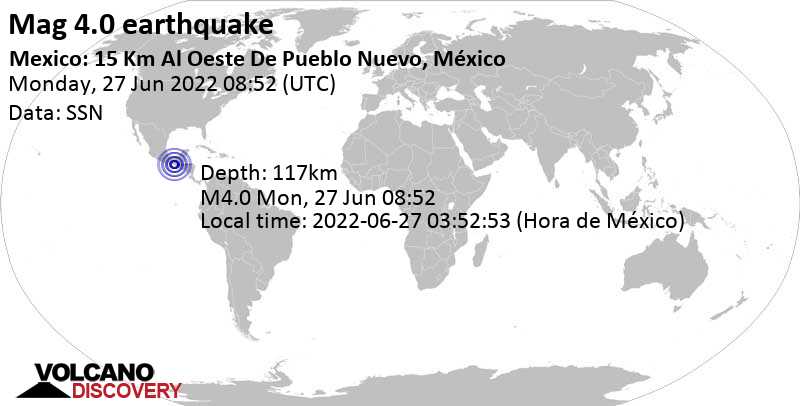 Terremoto leve mag. 4.0 - 31 km W of Huixtla, Chiapas, Mexico, lunes, 27 jun 2022 03:52 (GMT -5)