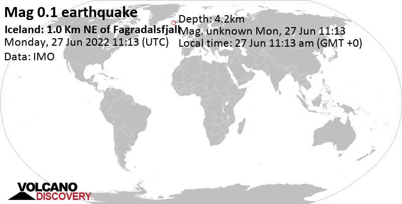 Незначительное землетрясение маг. 0.1 - Iceland: 1.0 Km NE of Fagradalsfjall, Понедельник, 27 июн 2022 11:13 (GMT +0)