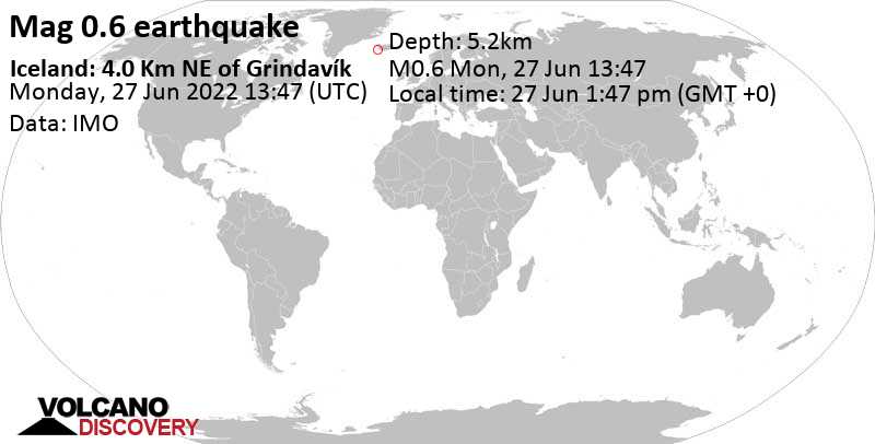 Незначительное землетрясение маг. 0.6 - Iceland: 4.0 Km NE of Grindavík, Понедельник, 27 июн 2022 13:47 (GMT +0)