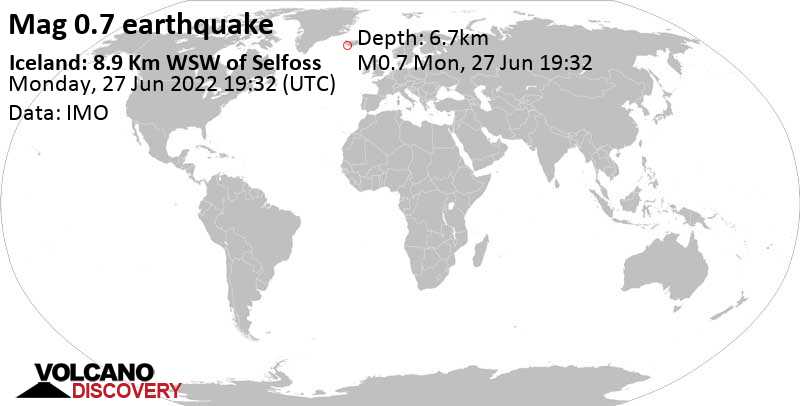 Незначительное землетрясение маг. 0.7 - Iceland: 8.9 Km WSW of Selfoss, Понедельник, 27 июн 2022 19:32 (GMT +0)