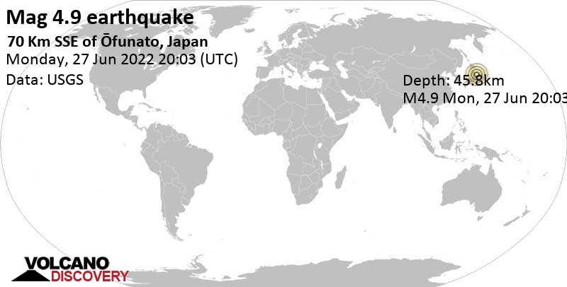 Moderates Erdbeben der Stärke 4.9 - Nordpazifik, 76 km östlich von Ishinomaki, Präfektur Miyagi, Japan, am Dienstag, 28. Jun 2022 um 05:03 Lokalzeit