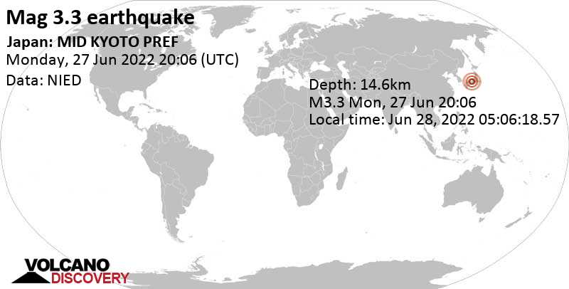Terremoto leve mag. 3.3 - 11 km NNW of Kyoto, Kyōto, Kyoto, Japan, martes, 28 jun 2022 05:06 (GMT +9)