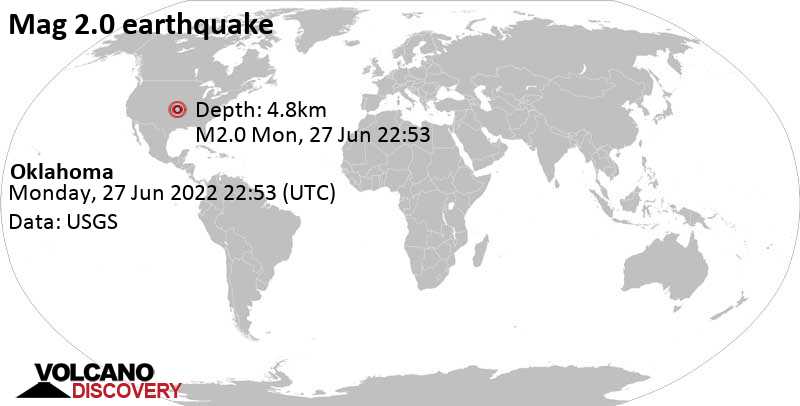 Weak mag. 2.0 earthquake - Oklahoma on Monday, Jun 27, 2022 at 5:53 pm (GMT -5)