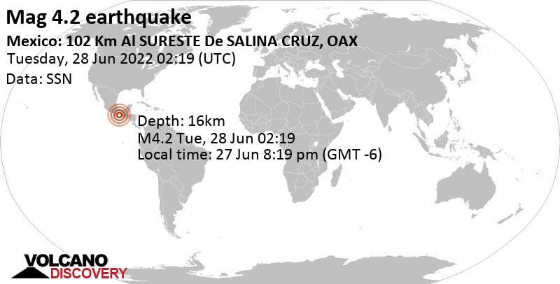 Terremoto moderado mag. 4.2 - North Pacific Ocean, 101 km SSE of Salina Cruz, Oaxaca, Mexico, lunes, 27 jun 2022 20:19 (GMT -6)