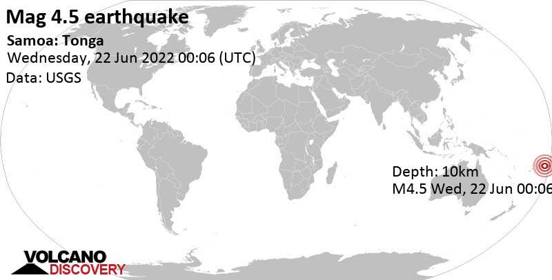 Moderates Erdbeben der Stärke 4.5 - South Pacific Ocean, 208 km südwestlich von Apia, Tuamasaga, Samoa, am Mittwoch, 22. Jun 2022 um 00:06 GMT