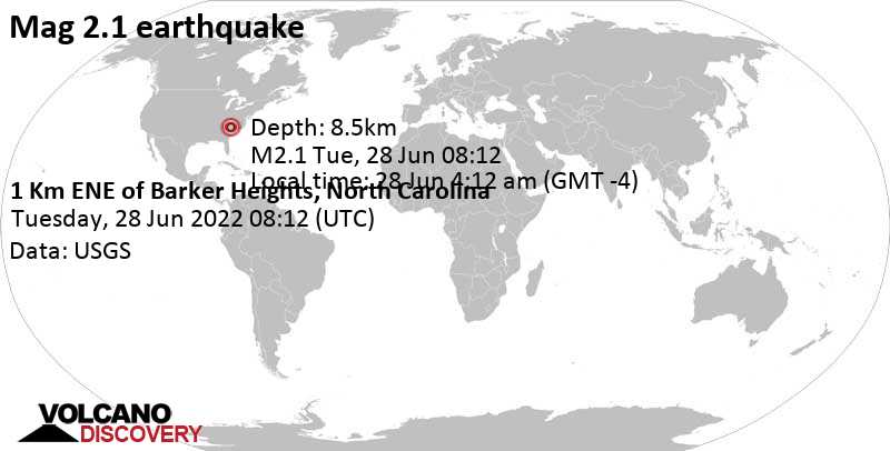 Слабое землетрясение маг. 2.1 - 1 Km ENE of Barker Heights, North Carolina, Вторник, 28 июн 2022 04:12 (GMT -4)