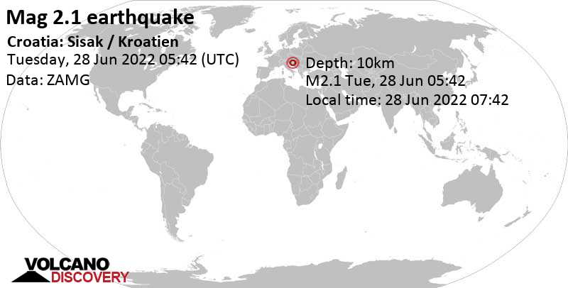 Αδύναμος σεισμός μεγέθους 2.1 - 9.4 km βορειοδυτικά από Σίσακ, Sisak, Κροατία, Τρίτη, 28 Ιου 2022 07:42 (GMT +2)