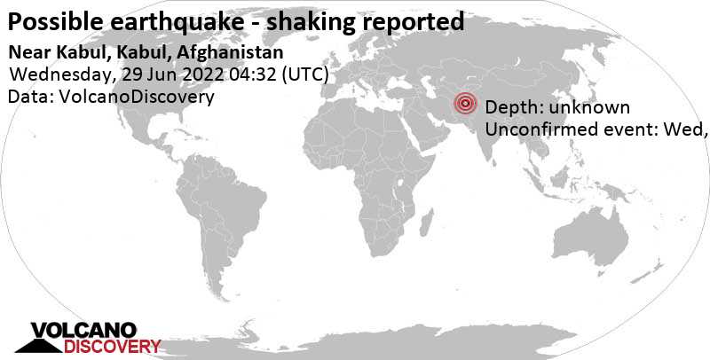 Séisme signalé ou événement semblable à un séisme: 4.7 km au nord-est de Kaboul, Kabul, Kaboul, Afghanistan, mercredi, 29 juin 2022 09:02 (GMT +4:30)