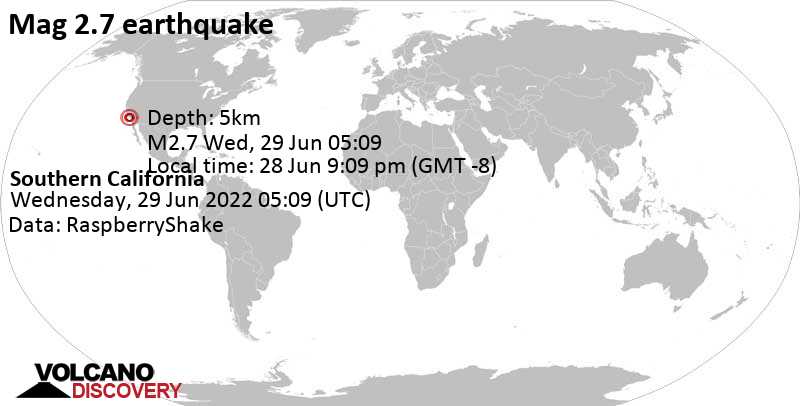 Weak mag. 2.7 earthquake - North Pacific Ocean, 25 mi southwest of Santa Monica, Los Angeles County, California, USA, on Tuesday, Jun 28, 2022 at 9:09 pm (GMT -8)