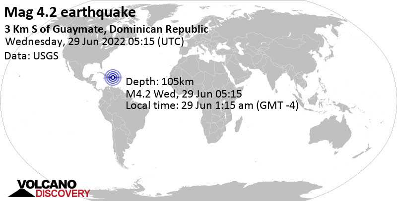 Слабое землетрясение маг. 4.2 - 15 km к северу от Ла-Романа, Доминиканская Республика, Среда, 29 июн 2022 01:15 (GMT -4)