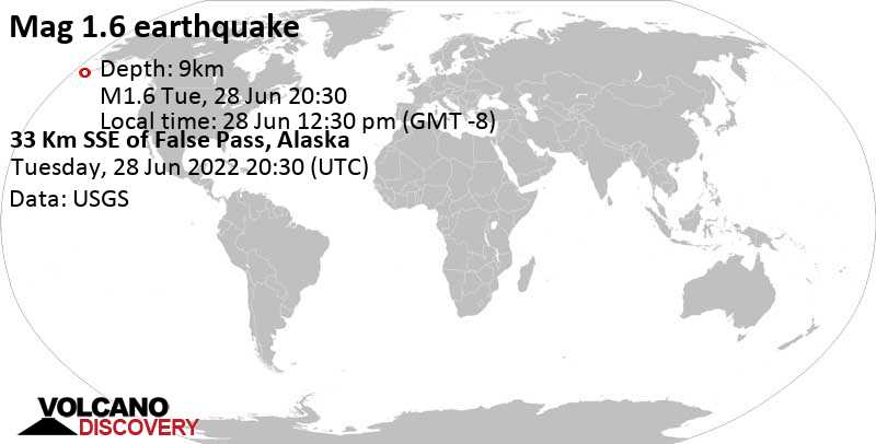 Séisme mineur mag. 1.6 - 33 Km SSE of False Pass, Alaska, mardi, 28 juin 2022 12:30 (GMT -8)