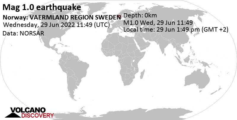 Sismo muy débil mag. 1.0 - Norway: VAERMLAND REGION SWEDEN, miércoles, 29 jun 2022 13:49 (GMT +2)