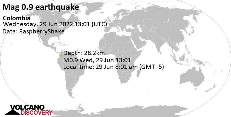 Minor mag. 0.9 earthquake - Colombia on Wednesday, Jun 29, 2022 at 8:01 am (GMT -5)