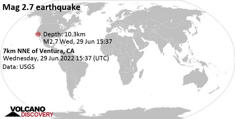 Слабое землетрясение маг. 2.7 - 10.3 km к северо-востоку от Вентура, Калифорния, Соединенные Штаты, Среда, 29 июн 2022 08:37 (GMT -7)