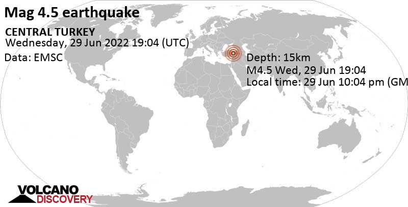 Moderate mag. 4.5 earthquake - 62 km north of Darende, Malatya, Turkey, on Wednesday, Jun 29, 2022 at 10:04 pm (GMT +3)
