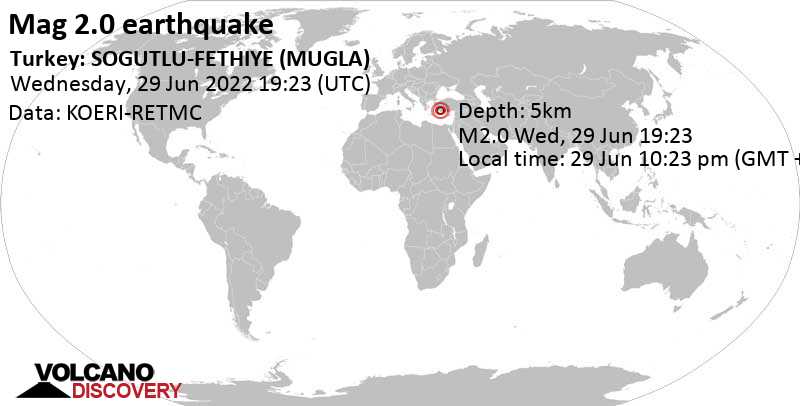 Weak mag. 2.0 earthquake - 22 km northeast of Fethiye, Muğla, Turkey, on Wednesday, Jun 29, 2022 at 10:23 pm (GMT +3)