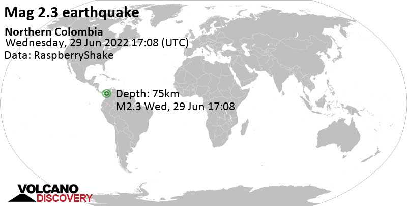 Minor mag. 2.3 earthquake - 84 km southeast of Apartado, Antioquia, Colombia, on Wednesday, Jun 29, 2022 at 12:08 pm (GMT -5)