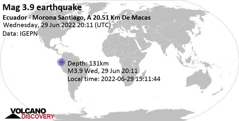 Séisme très faible mag. 3.9 - 21 km à l\'ouest de Macas, Équateur, mercredi, 29 juin 2022 15:11 (GMT -5)