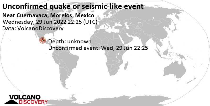 Μη επιβεβαιωμένος σεισμός ή συμβάντα παρόμοια με σεισμό: 2.8 km δυτικά από Cuautla, Morelos, Μεξικό, Τετάρτη, 29 Ιου 2022 17:25 (GMT -5)
