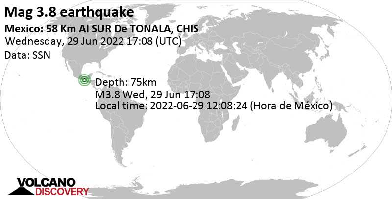 Слабое землетрясение маг. 3.8 - North Pacific Ocean, 34 km к юго-западу от Manuel Avila Camacho (Ponte Duro), Мексика, Среда, 29 июн 2022 11:08 (GMT -6)