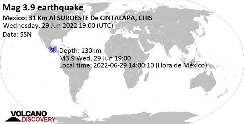 Schwaches Erdbeben Stärke 3.9 - 31 km südwestlich von Cintalapa de Figueroa, Chiapas, Mexiko, am Mittwoch, 29. Jun 2022 um 14:00 Lokalzeit