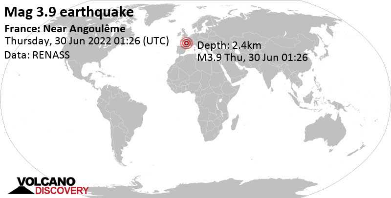 Terremoto moderado mag. 3.9 - 19 km NE of Angouleme, Charente, Nouvelle-Aquitaine, France, jueves, 30 jun 2022 03:26 (GMT +2)