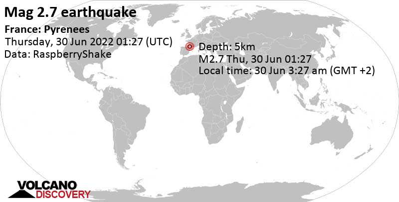 Schwaches Erdbeben Stärke 2.7 - 23 km nördlich von Tarbes, Hautes-Pyrénées, Occitanie, Frankreich, am Donnerstag, 30. Jun 2022 um 03:27 Lokalzeit