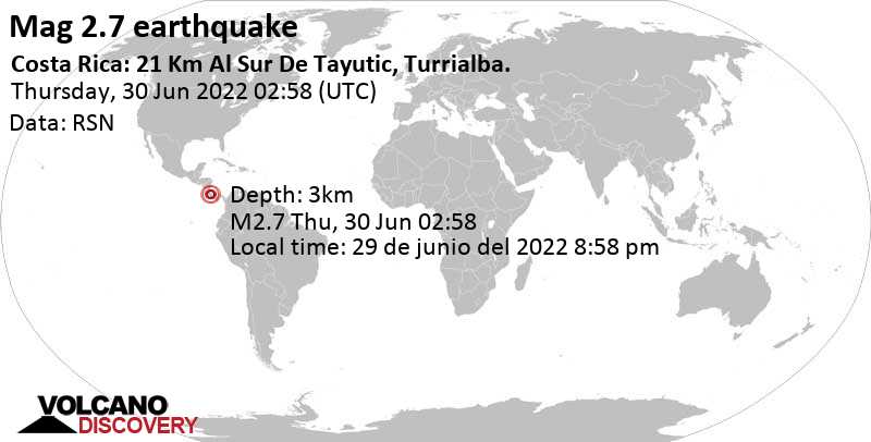 Schwaches Erdbeben Stärke 2.7 - Provincia de Cartago, 33 km nordöstlich von San Isidro, Costa Rica, am Mittwoch, 29. Jun 2022 um 20:58 Lokalzeit