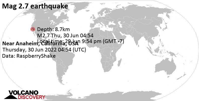 Weak mag. 2.7 earthquake - 2.1 mi west of Corona, Riverside County, California, USA, on Wednesday, Jun 29, 2022 at 9:54 pm (GMT -7)