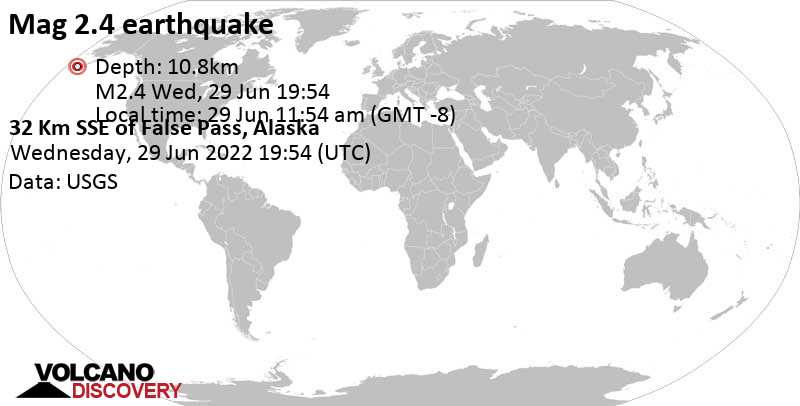 Séisme très faible mag. 2.4 - 32 Km SSE of False Pass, Alaska, mercredi, 29 juin 2022 11:54 (GMT -8)