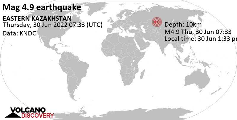 Умеренное землетрясение маг. 4.9 - Pavlodarskaya Oblast’, 90 km к северо-западу от Курчатов, Восточно-Казахстанская область, Четверг, 30 июн 2022 13:33 (GMT +6)