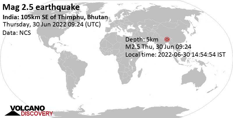 Αδύναμος σεισμός μεγέθους 2.5 - Μπουτάν, 39 km βορειοδυτικά από Bongaigaon, Ινδία, Πέμπτη, 30 Ιου 2022 14:54 (GMT +5:30)