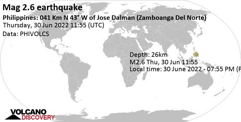 Αδύναμος σεισμός μεγέθους 2.6 - Sulu Sea, 64 km δυτικά από Dipolog City, Φιλιππίνες, Πέμπτη, 30 Ιου 2022 19:55 (GMT +8)