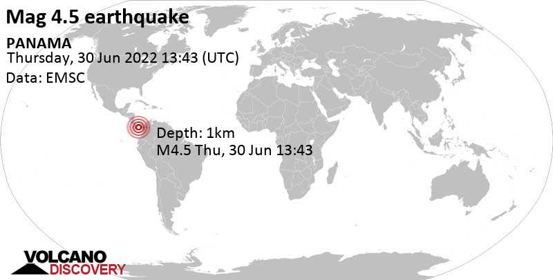 Moderate mag. 4.5 earthquake - North Pacific Ocean, 65 km south of Las Tablas, Provincia de Los Santos, Panama, on Thursday, Jun 30, 2022 at 8:43 am (GMT -5)