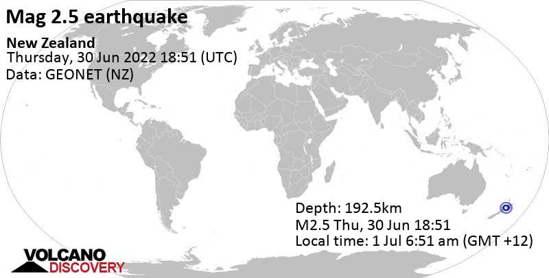 Незначительное землетрясение маг. 2.5 - Тасманово море, 75 km к югу от Нью-Плимут, Новая Зеландия, Пятница,  1 июл 2022 06:51 (GMT +12)