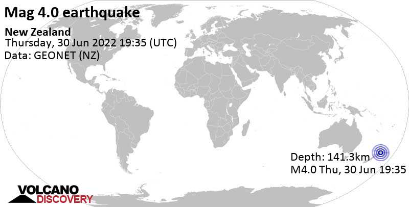Leichtes Erdbeben der Stärke 4.0 - 18 km südöstlich von Rotorua, Bay of Plenty, Neuseeland, am Freitag,  1. Jul 2022 um 07:35 Lokalzeit