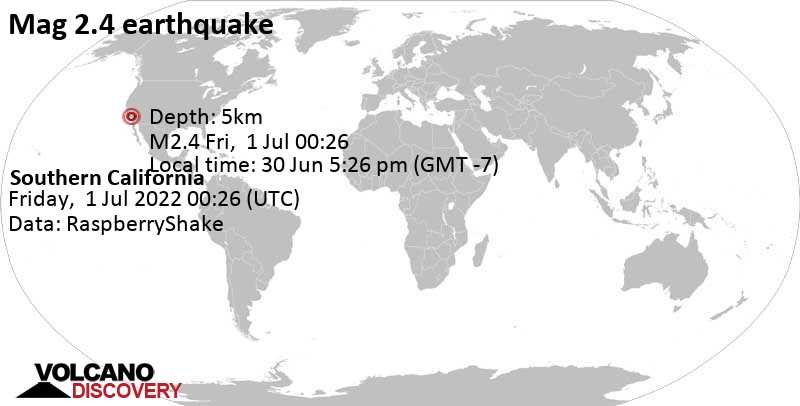 Weak mag. 2.4 earthquake - 8 mi north of Glendora, Los Angeles County, California, USA, on Thursday, Jun 30, 2022 at 5:26 pm (GMT -7)