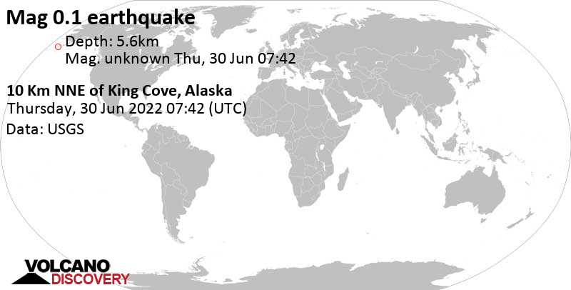 Séisme mineur mag. 0.1 - 10 Km NNE of King Cove, Alaska, mercredi, 29 juin 2022 23:42 (GMT -8)