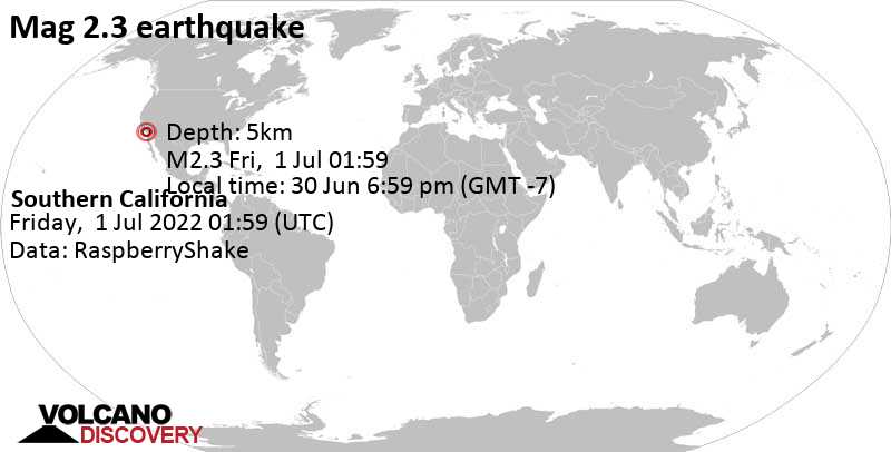 Weak mag. 2.3 earthquake - 2.1 mi west of Santa Ana, Orange County, California, USA, on Thursday, Jun 30, 2022 at 6:59 pm (GMT -7)