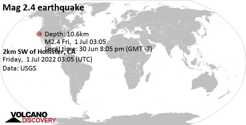 Слабое землетрясение маг. 2.4 - 2km SW of Hollister, CA, Четверг, 30 июн 2022 20:05 (GMT -7)