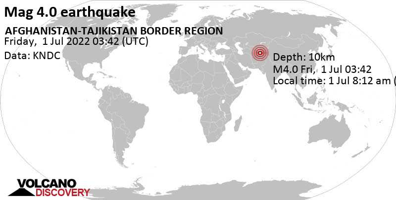 Moderates Erdbeben der Stärke 4.0 - 68 km nördlich von Faizabad, Faīẕābād, Badakhshan, Afghanistan, am Freitag,  1. Jul 2022 um 08:12 Lokalzeit
