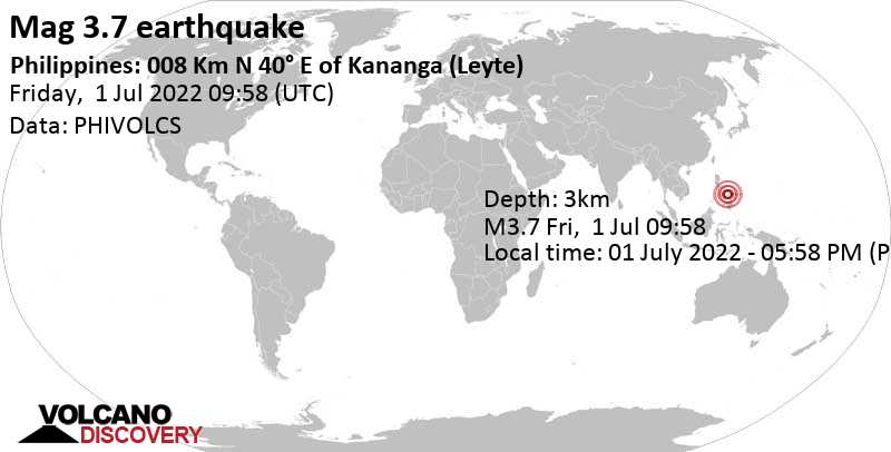 Terremoto moderado mag. 3.7 - 26 km N of Ormoc, Province of Leyte, Eastern Visayas, Philippines, viernes,  1 jul 2022 17:58 (GMT +8)