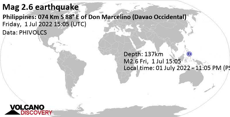Sehr schwaches Beben Stärke 2.6 - Philippine Sea, 89 km südlich von Mati City, Philippinen, am Freitag,  1. Jul 2022 um 23:05 Lokalzeit