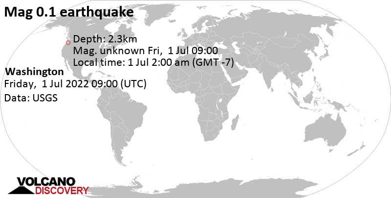 Minor mag. 0.1 earthquake - Washington on Friday, Jul 1, 2022 at 2:00 am (GMT -7)