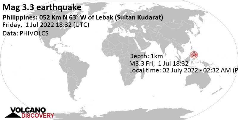 Séisme faible mag. 3.3 - Celebes Sea, 78 km au sud-ouest de Cotabato City, Philippines, samedi,  2 juil. 2022 02:32 (GMT +8)