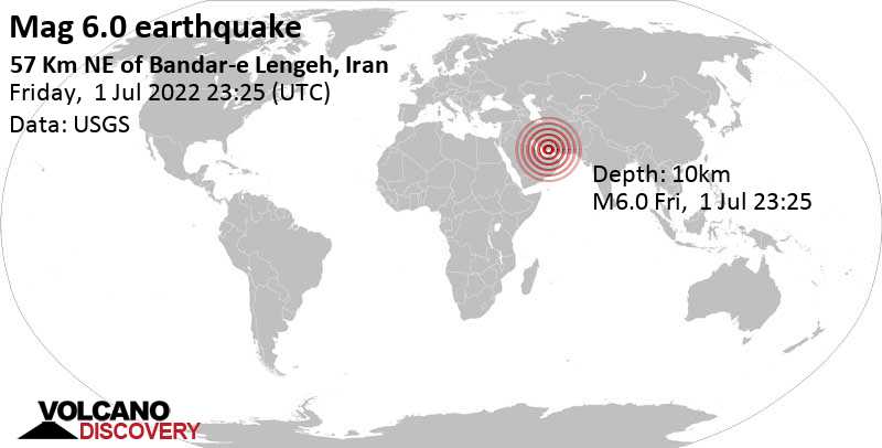 Very strong mag. 6.0 earthquake - 58 km northeast of Bandar-e Lengeh, Hormozgan, Iran, on Saturday, Jul 2, 2022 at 3:55 am (GMT +4:30)