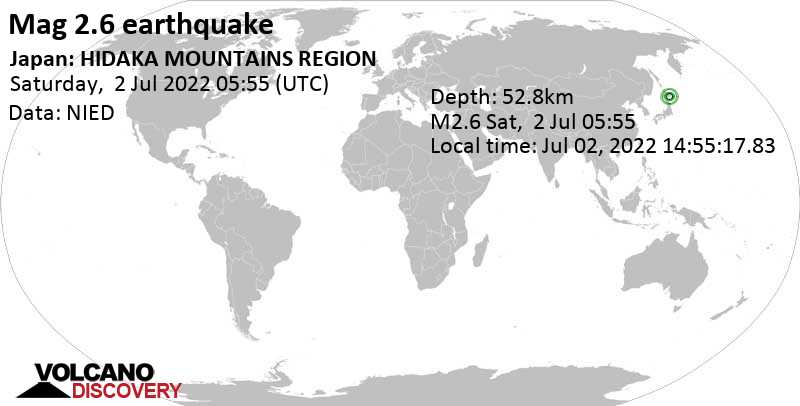 Minor mag. 2.6 earthquake - 50 km east of Shizunai-furukawachō, Hidaka-gun, Hokkaido, Japan, on Saturday, Jul 2, 2022 at 2:55 pm (GMT +9)