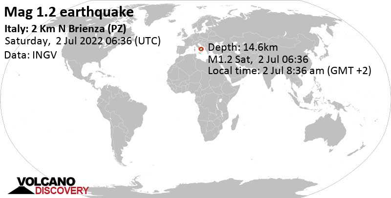 Minor mag. 1.2 earthquake - Italy: 2 Km N Brienza (PZ) on Saturday, Jul 2, 2022 at 8:36 am (GMT +2)
